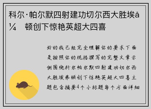 科尔·帕尔默四射建功切尔西大胜埃弗顿创下惊艳英超大四喜