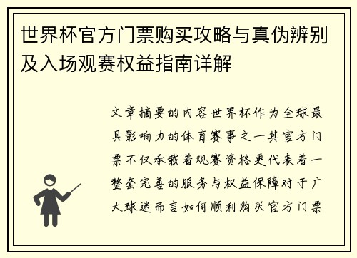 世界杯官方门票购买攻略与真伪辨别及入场观赛权益指南详解